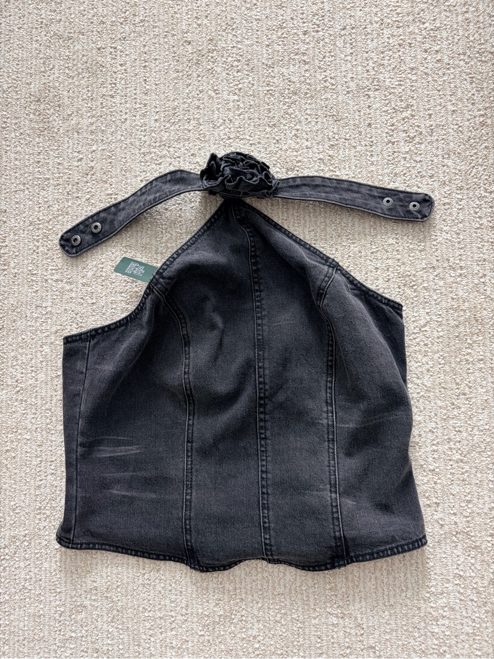 Black Denim Halter Top with Rosette Neck